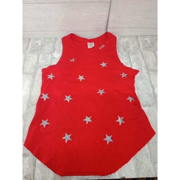 Pink Pom Pom Tops - Pink Victoria Secret Women's XS Red Tank Top With Silver Glitter‎ Stars